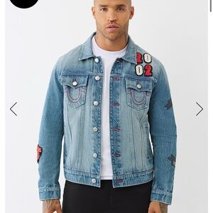 True Religion Light Blue Denim Jacket with Patches. Size : Varies